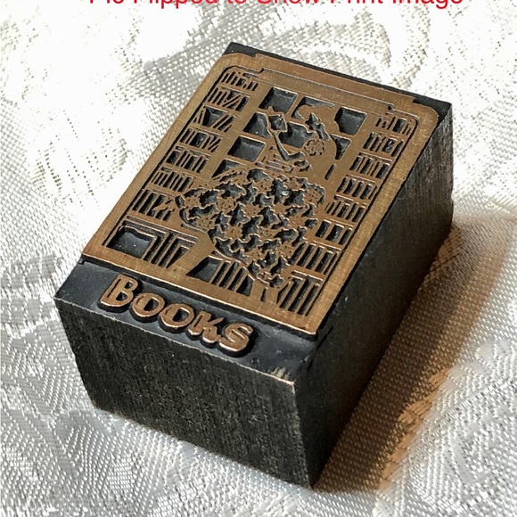 Antique Wooden Print Block Copper Books - Picture 2 of 7